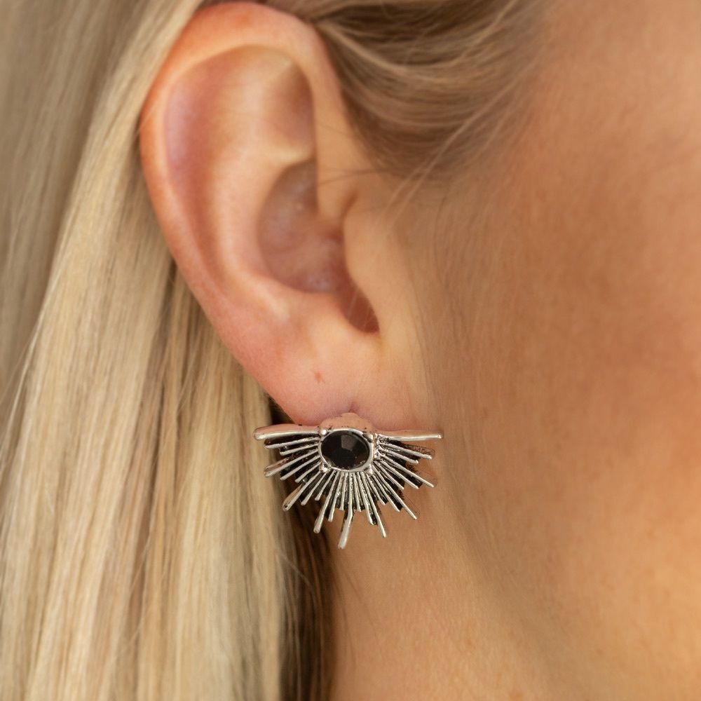 Silver sunburst with black rhinestone accent earrings